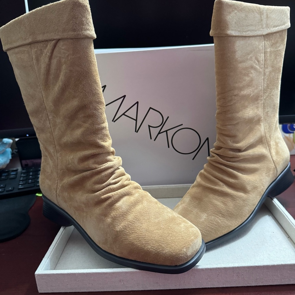 Camel Tan Color Suede Scrunch MidHeel Boots just in time for winter wearing!